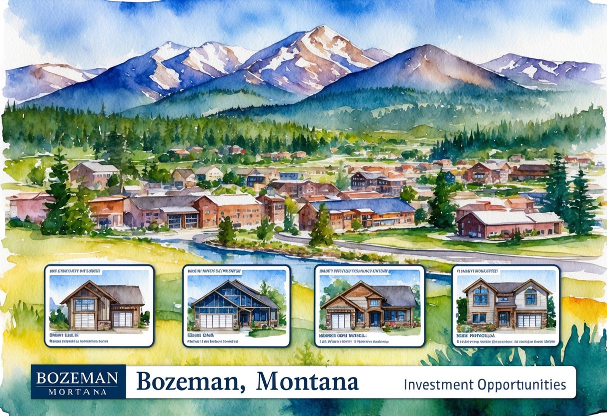 A picturesque landscape of Bozeman, Montana with various real estate properties and investment opportunities showcased