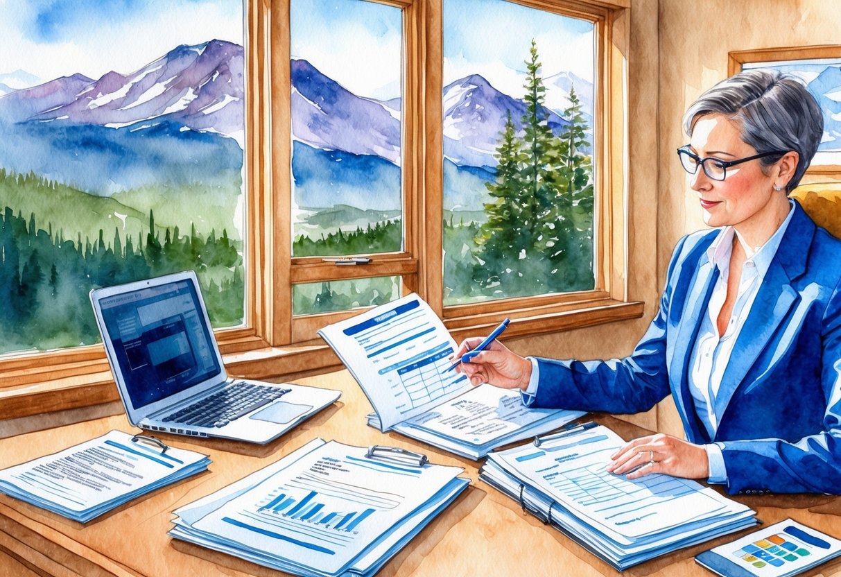 A person reviewing legal documents and financial reports in a cozy office with a view of the mountains in Bozeman, MT
