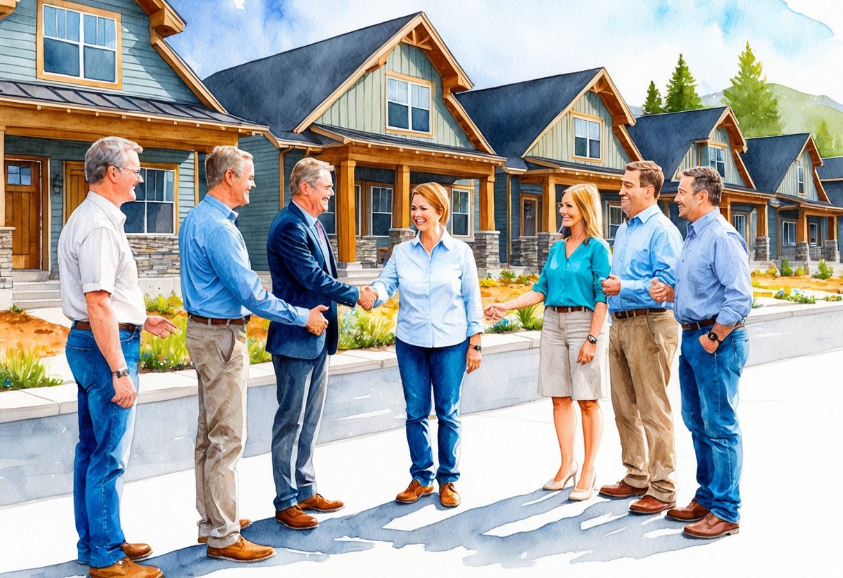 A group of people shaking hands in front of a row of newly built houses in Bozeman, MT