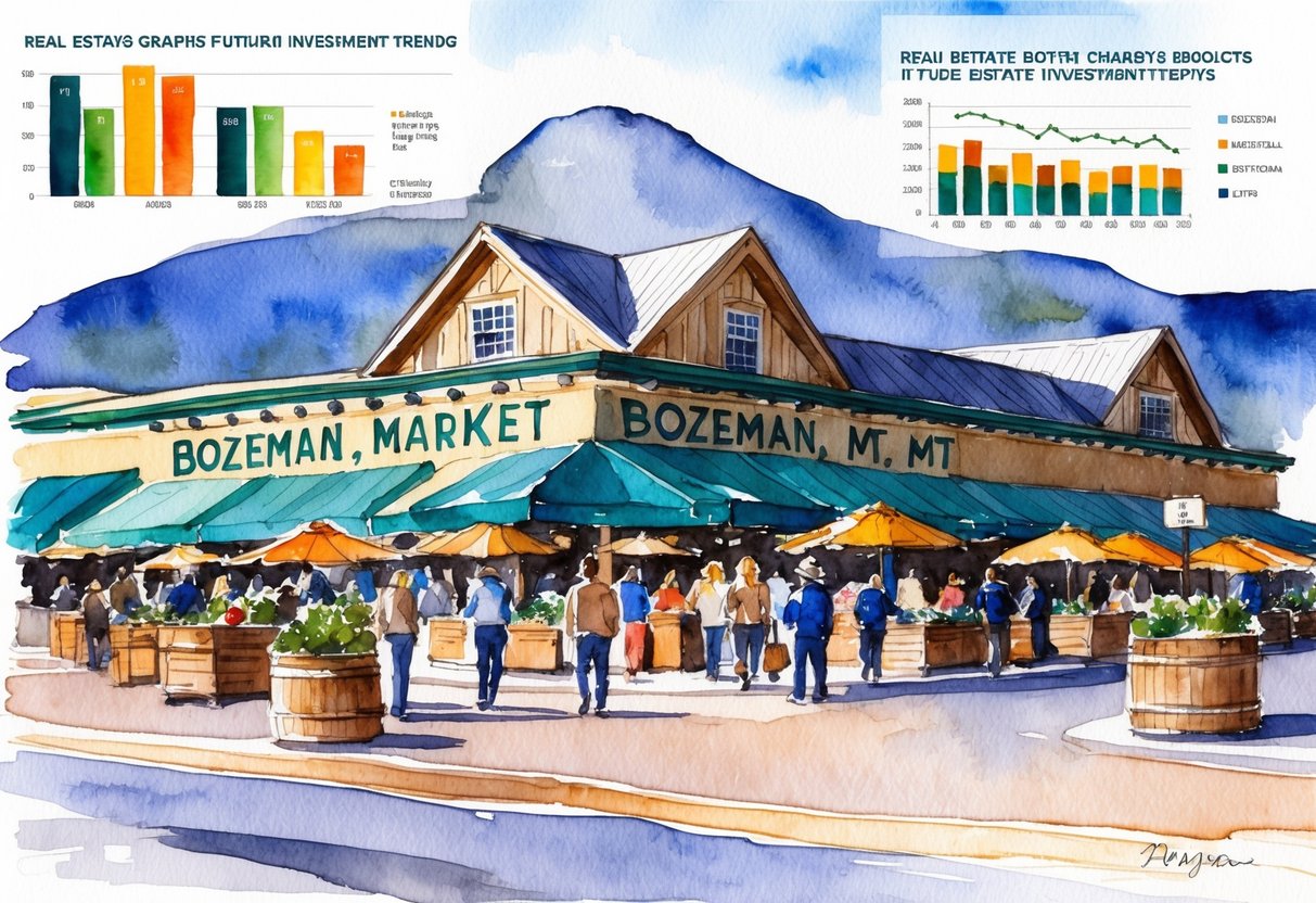 A bustling market in Bozeman, MT with real estate graphs and charts predicting future investment trends