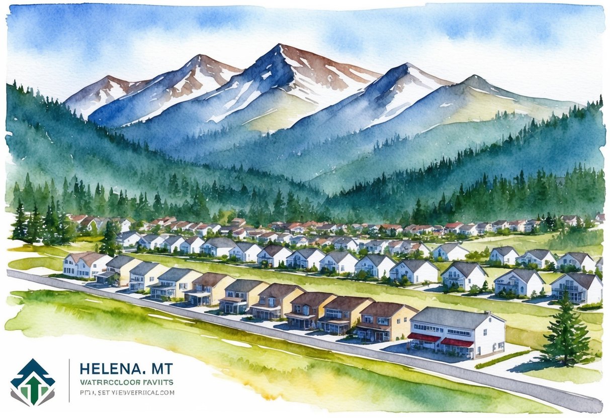 A picturesque mountain landscape in Helena, MT, with rows of houses and commercial buildings, showcasing the potential for real estate investing