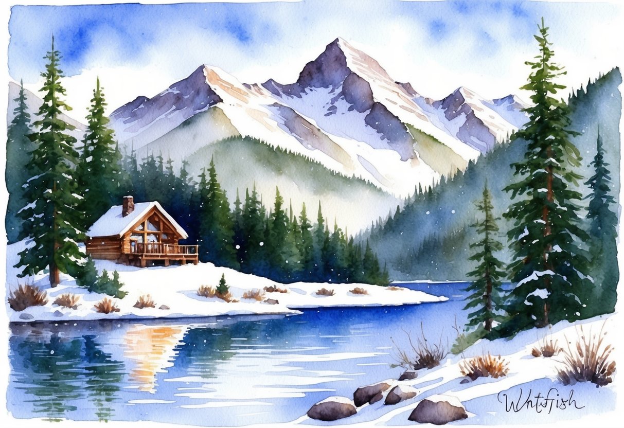 A snowy mountain landscape with a cozy cabin nestled among pine trees, overlooking a pristine lake in Whitefish, MT