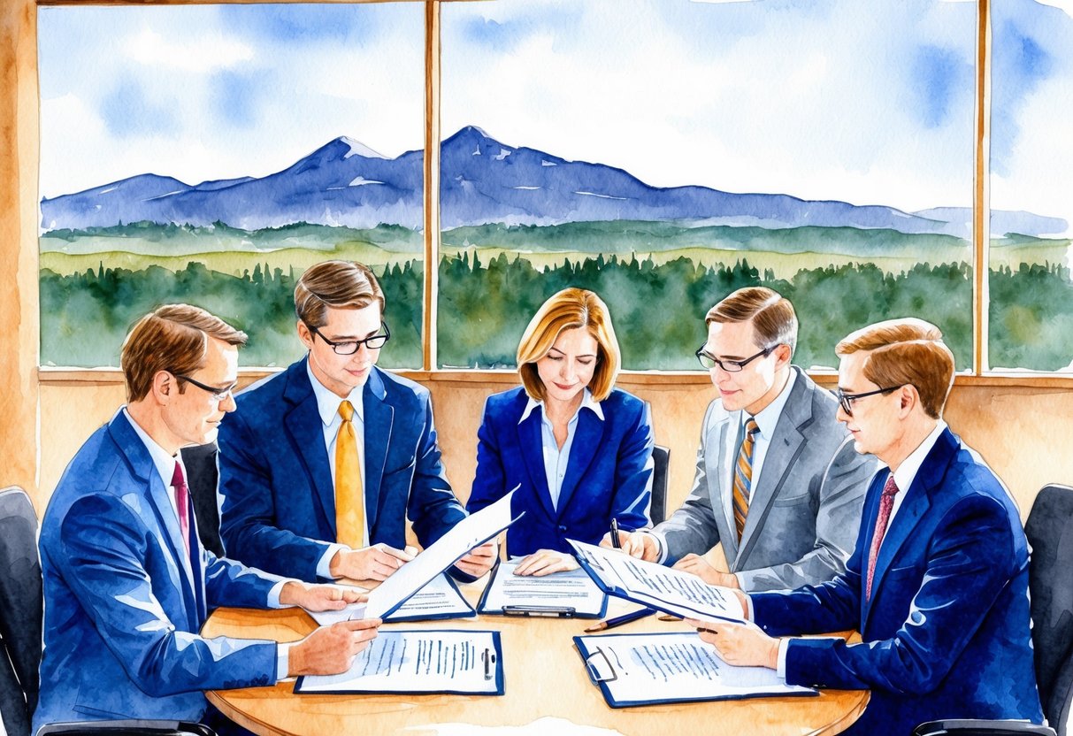 A group of investors reviewing legal documents in a conference room with a view of Helena, MT's skyline in the background