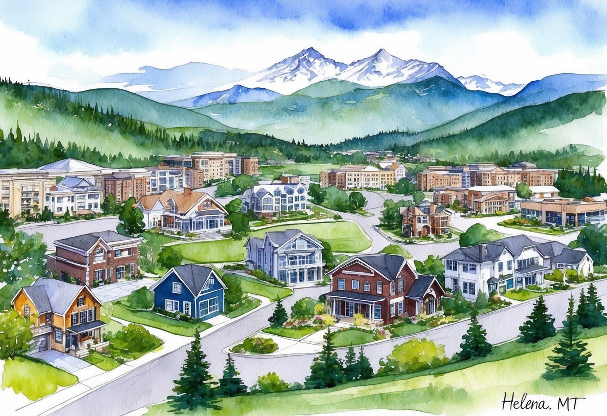 A panoramic view of Helena, MT's diverse real estate market, featuring historic homes, modern developments, and scenic landscapes