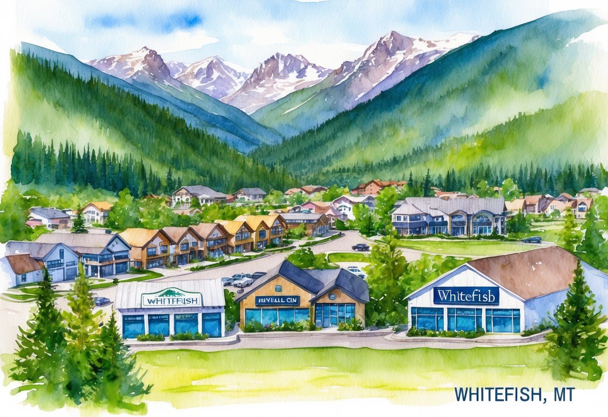A scenic view of Whitefish, MT with a charming mix of residential and commercial properties for sale, surrounded by picturesque mountains and lush greenery