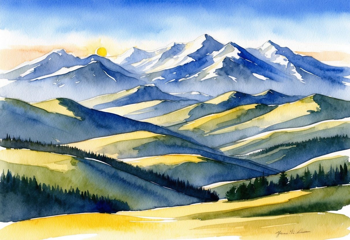 A sprawling landscape of rolling hills and majestic mountains, with a clear blue sky and the sun casting a warm glow over the vast expanse