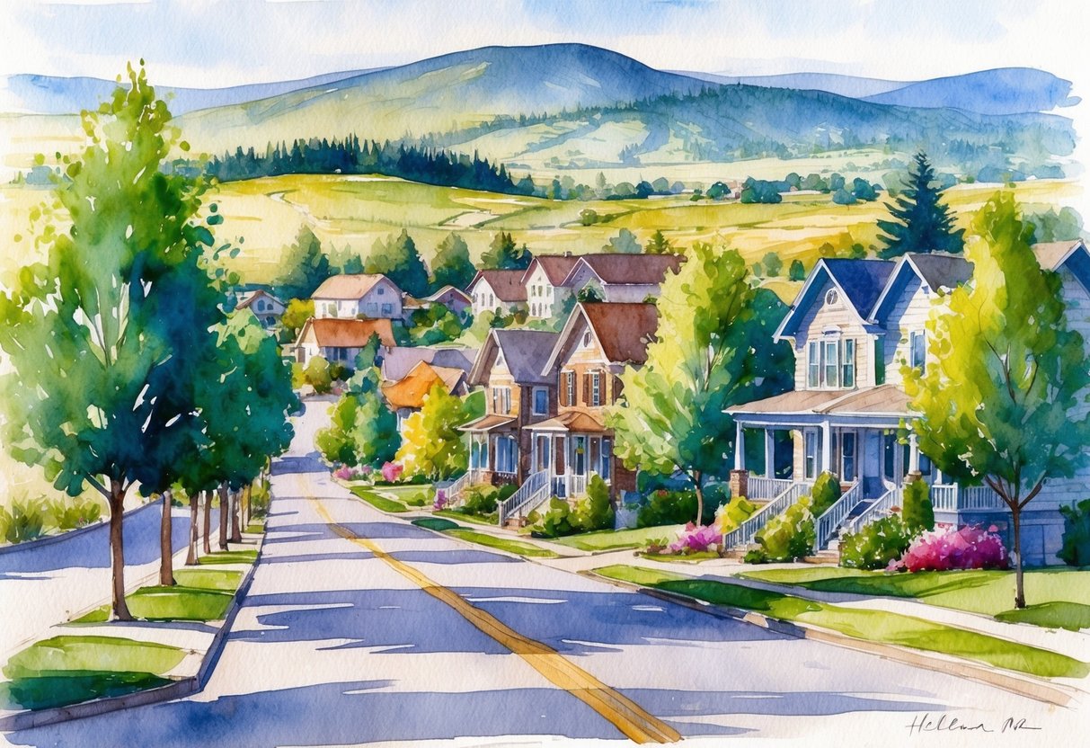 A peaceful neighborhood in Helena, MT, with tree-lined streets, charming homes, and a backdrop of rolling hills and open spaces