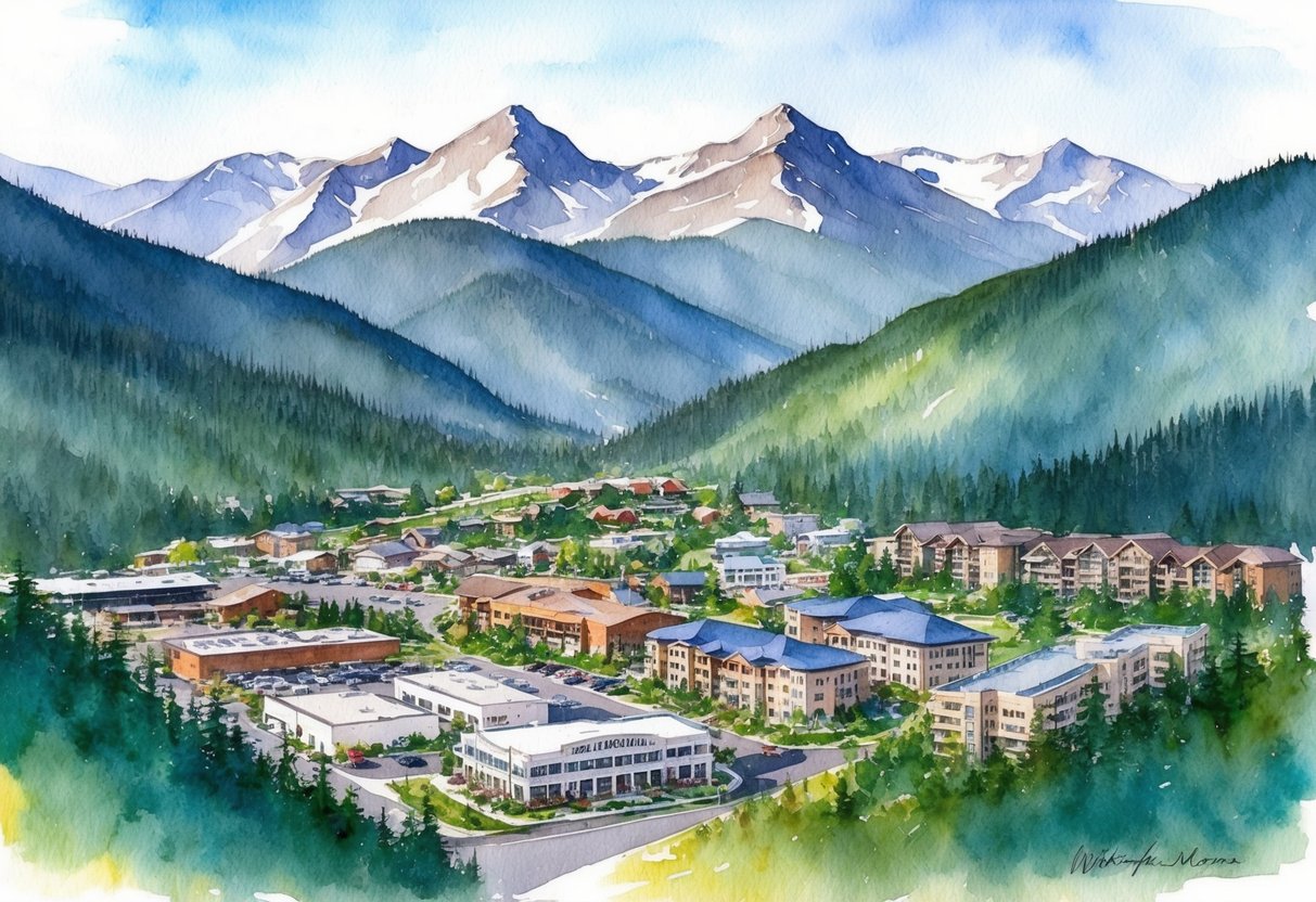 A serene mountain landscape with a picturesque view of Whitefish, Montana, featuring a mix of residential and commercial properties nestled among the natural beauty of the area