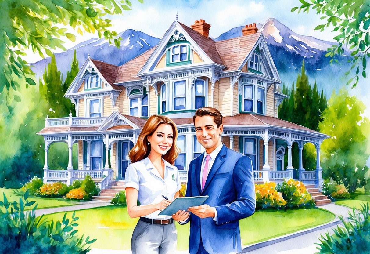 A couple stands in front of a charming Victorian house, surrounded by lush greenery and a picturesque mountain backdrop, while signing paperwork with a real estate agent