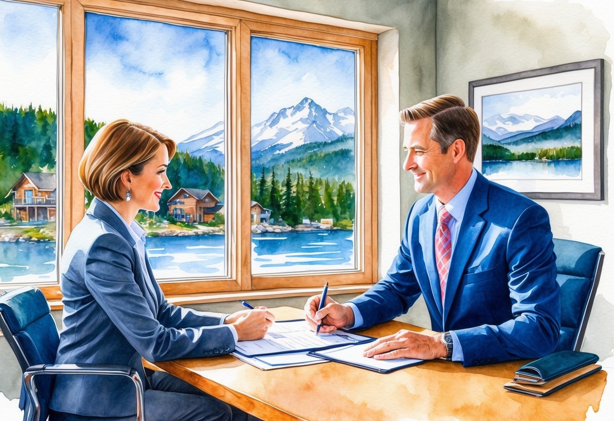 An investor meeting with a real estate agent in an office, signing paperwork, with a view of Whitefish, MT through the window