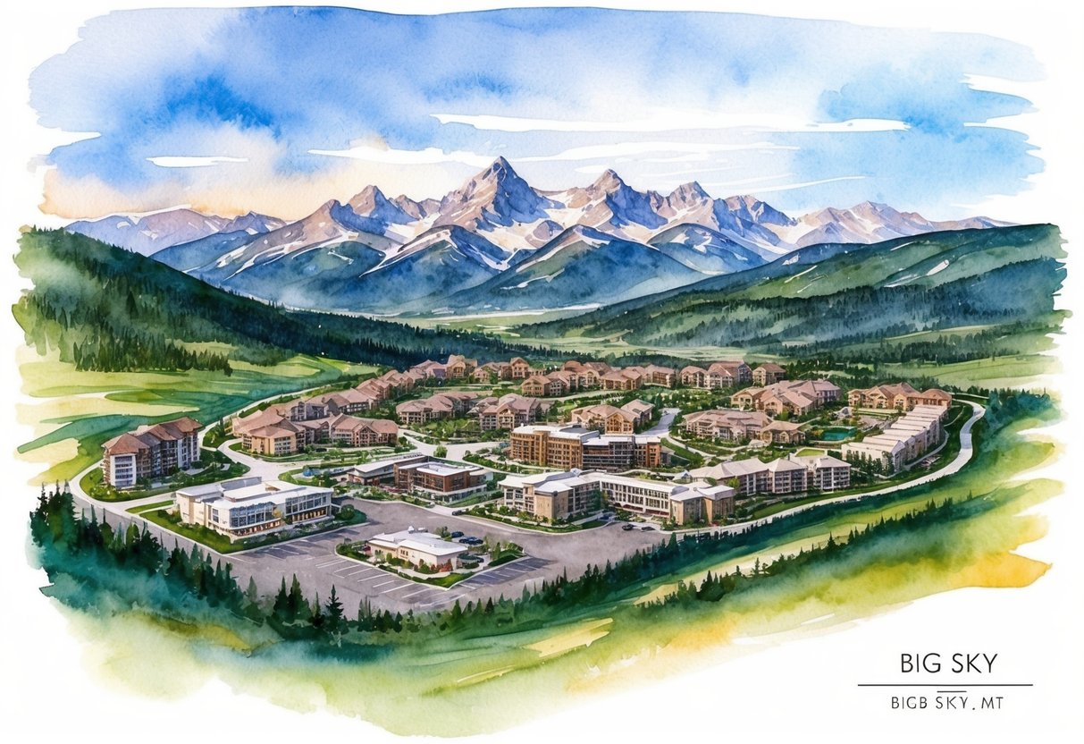 A scenic mountain landscape with a sprawling real estate development in Big Sky, MT, featuring luxurious homes and commercial properties