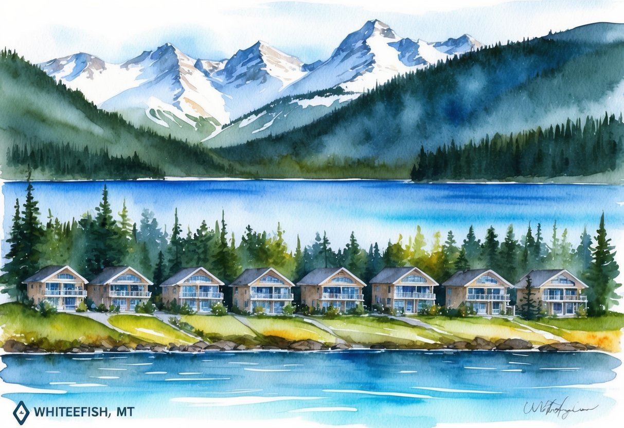 A scenic view of Whitefish, MT with a row of investment real estate properties nestled against the backdrop of snow-capped mountains and a serene lake