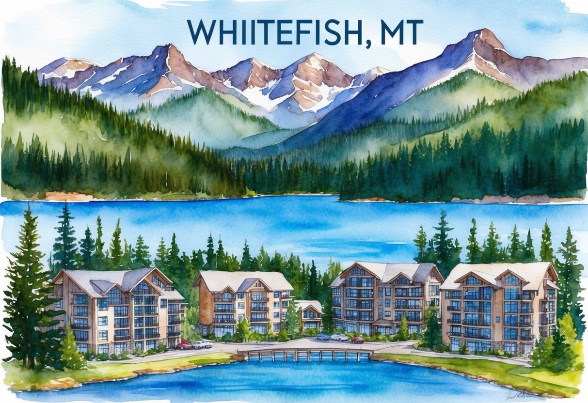 A scenic view of Whitefish, MT with mountains, forests, and a lake, surrounded by real estate properties and investment opportunities