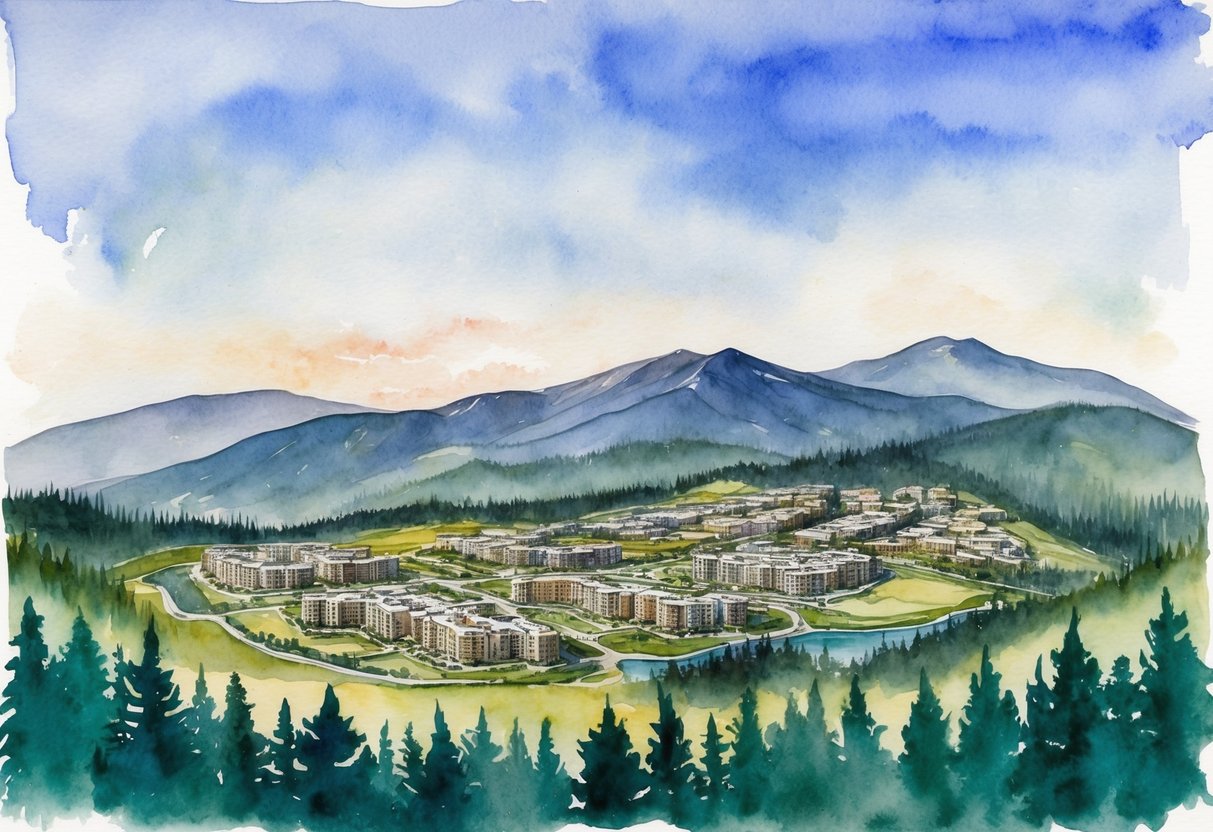A mountainous landscape with a sprawling real estate development, surrounded by forests and under a big sky