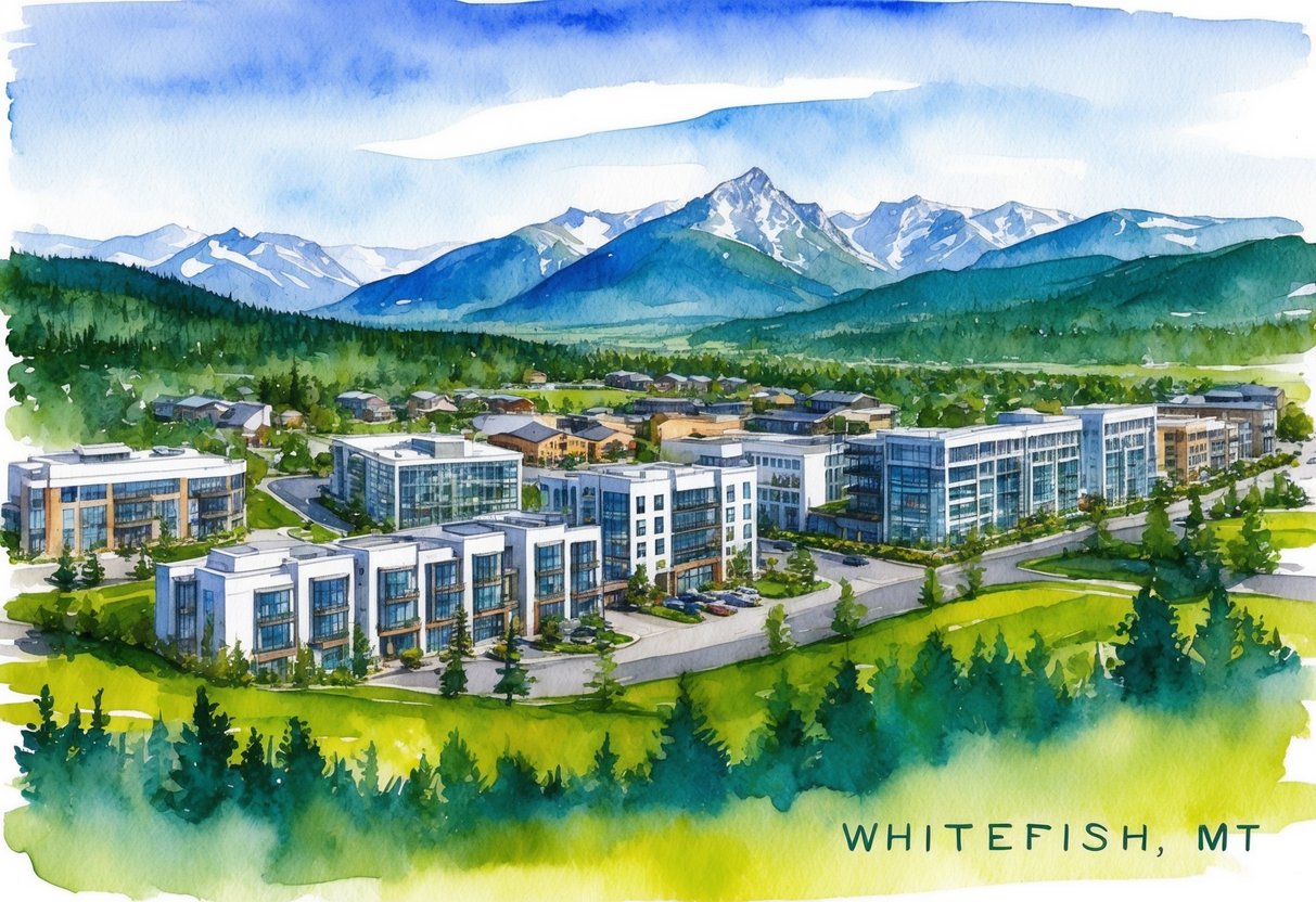 A panoramic view of Whitefish, MT with modern buildings and lush green landscapes, showcasing the potential for future real estate investing