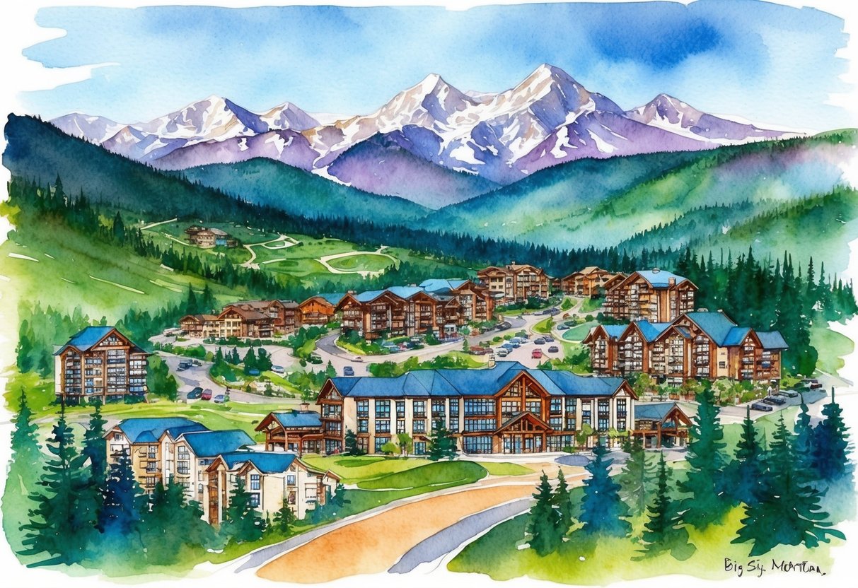 A vibrant mountain town with ski resorts, hiking trails, and luxury homes nestled among the picturesque landscape of Big Sky, Montana