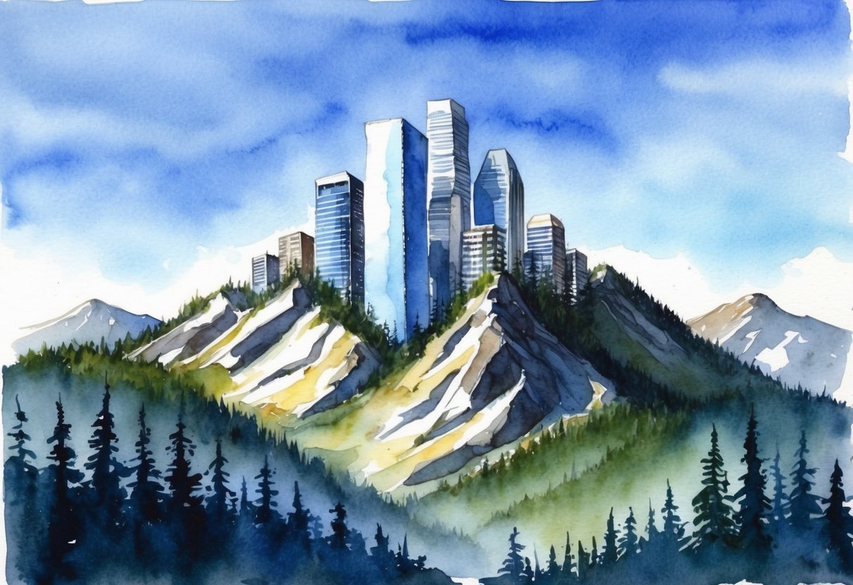A mountain landscape with modern skyscrapers emerging from the rugged terrain, surrounded by forests and a clear blue sky