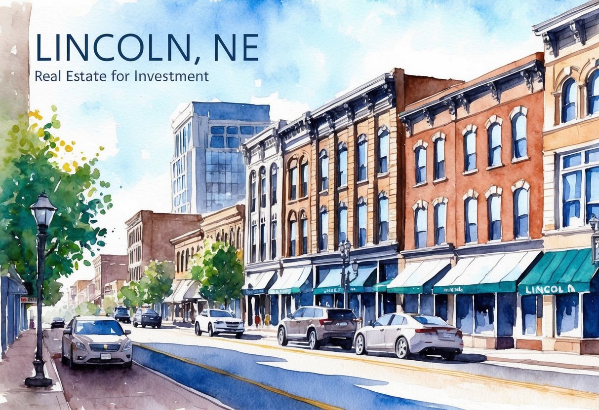 A bustling downtown street in Lincoln, NE with a mix of historic and modern buildings, showcasing the city's real estate investment opportunities