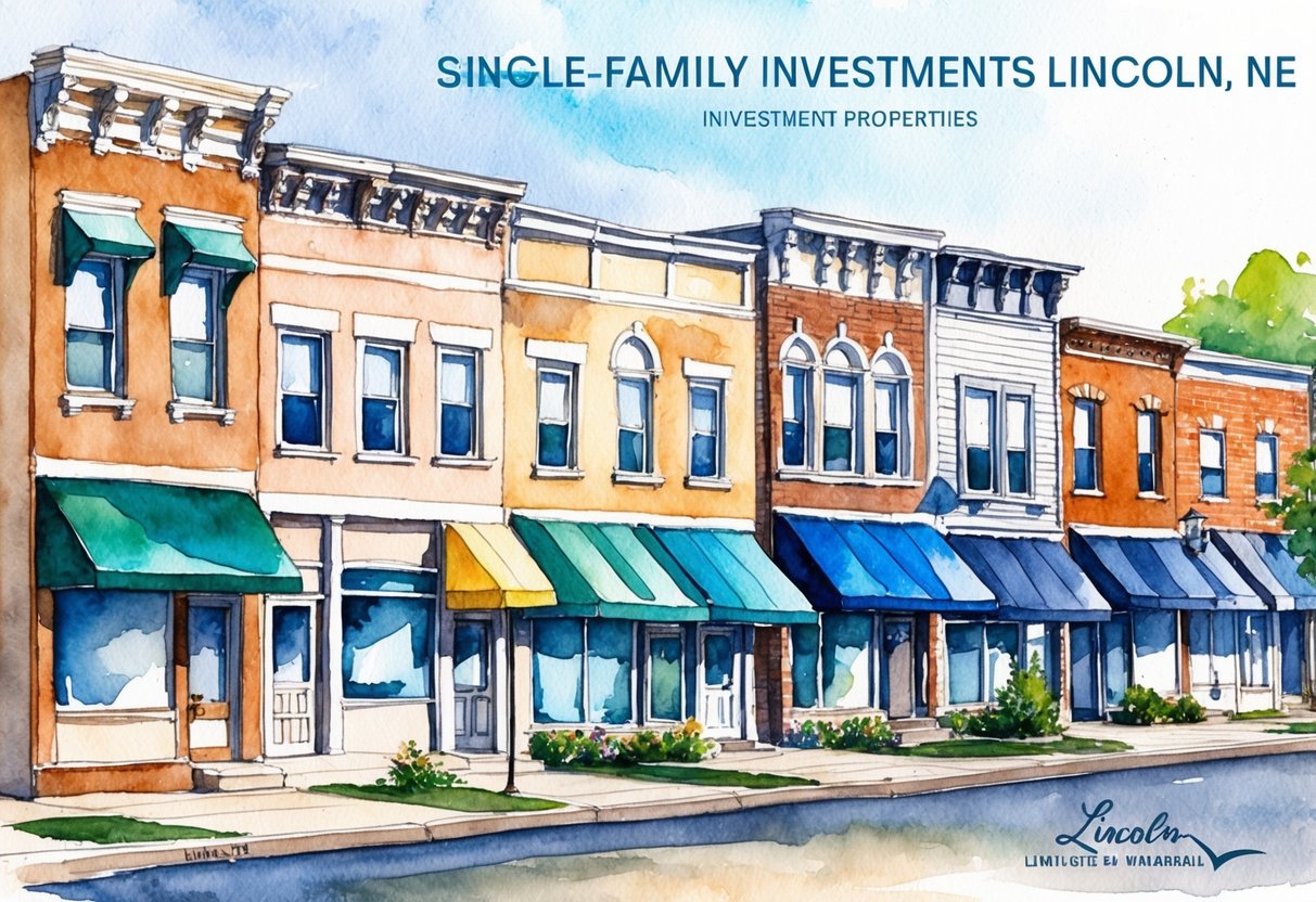 A row of diverse investment properties in Lincoln, NE, including single-family homes, multi-unit buildings, and commercial spaces