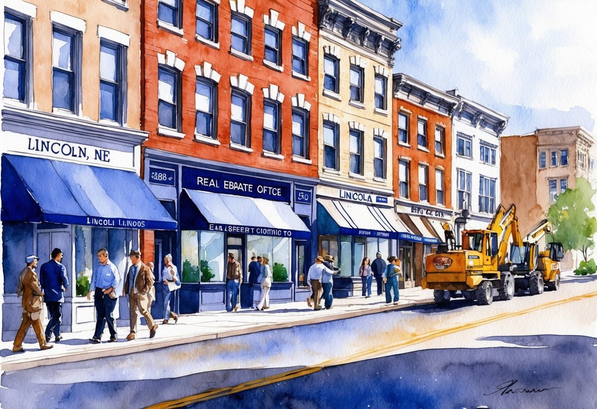 A bustling city street in Lincoln, NE, with a mix of historic and modern buildings. People are seen entering and exiting real estate offices, and construction workers are busy renovating a nearby property