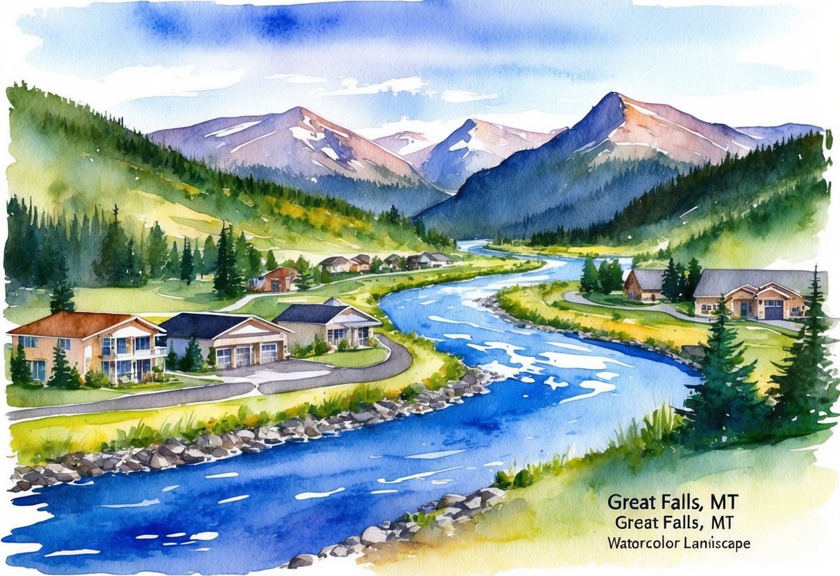 A scenic landscape of Great Falls, MT with a river, mountains, and real estate properties