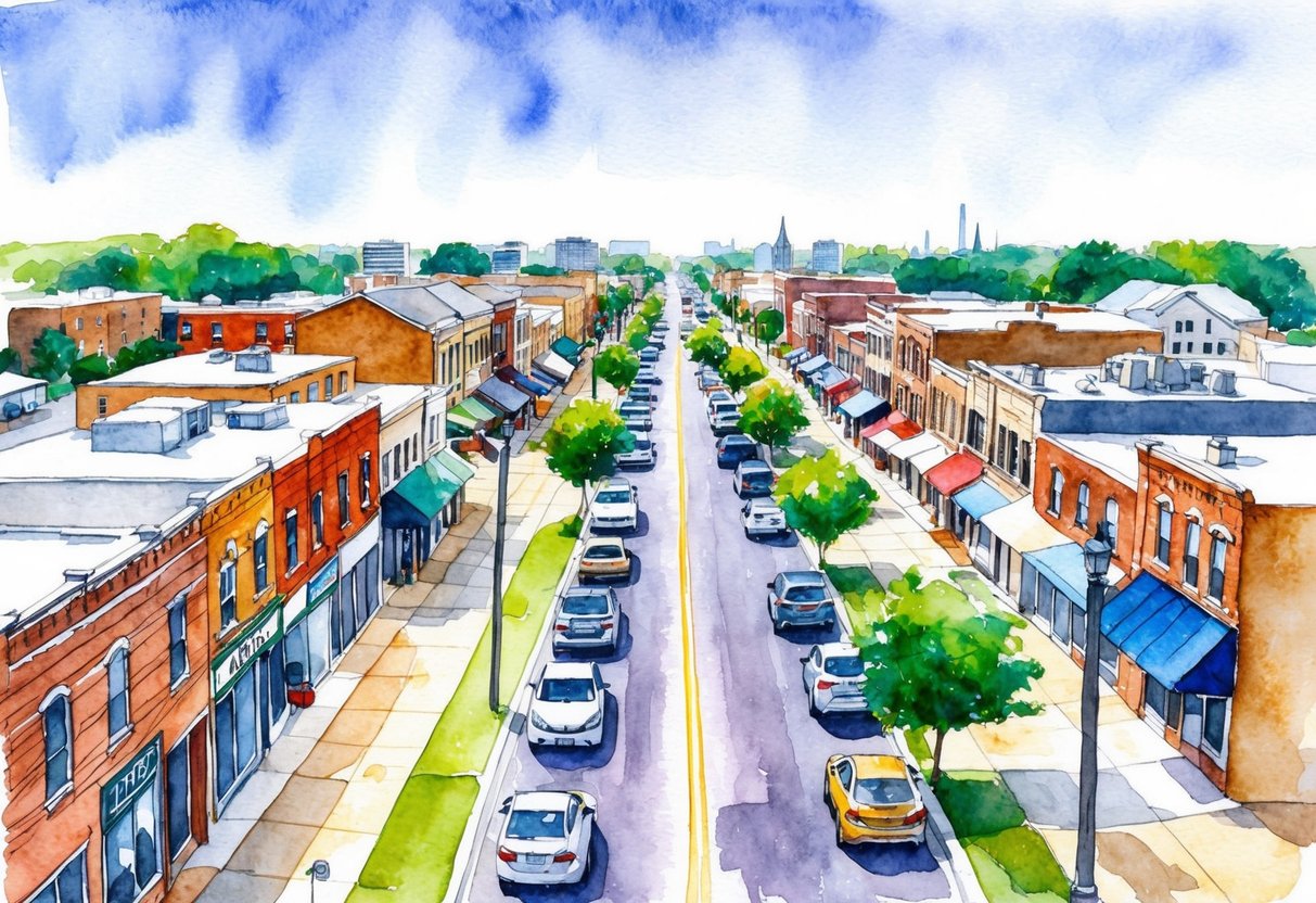 A bustling street in Lincoln, NE lined with various properties, including apartment buildings, commercial spaces, and single-family homes, showcasing the fundamentals of property management in real estate investing