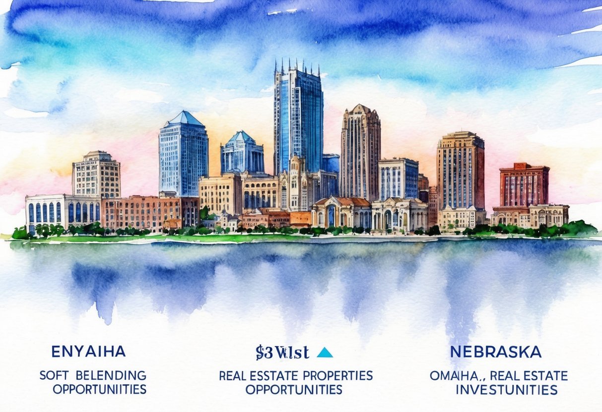 A skyline of Omaha, Nebraska with various real estate properties and investment opportunities
