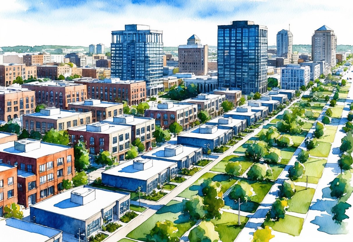 A bustling cityscape in Lincoln, NE, with rows of modern buildings and residential properties, showcasing the potential for maximizing investment returns in real estate