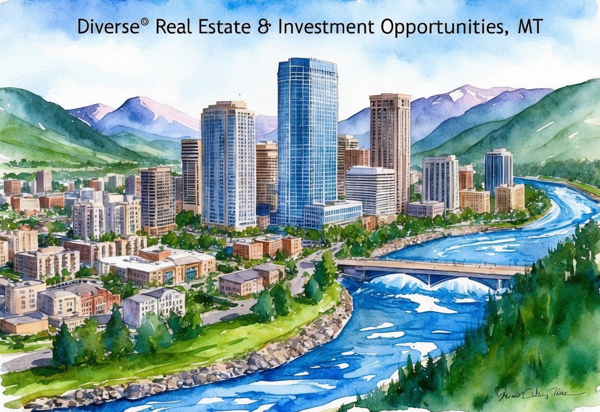 A bustling cityscape with skyscrapers and residential buildings, surrounded by mountains and a flowing river, showcasing the diverse real estate investment opportunities in Great Falls, MT