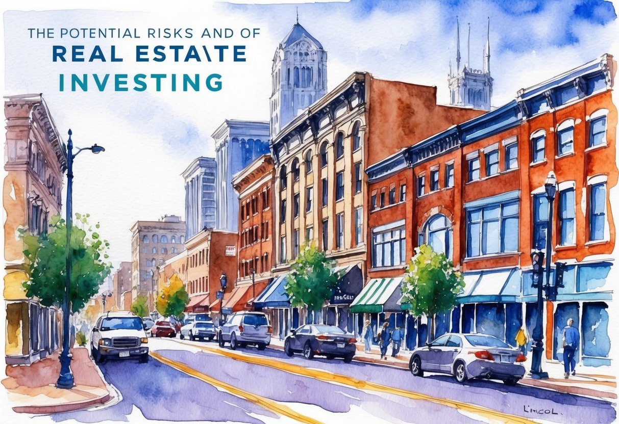 A bustling city street in Lincoln, NE with a mix of old and new buildings, showcasing the potential risks and rewards of real estate investing