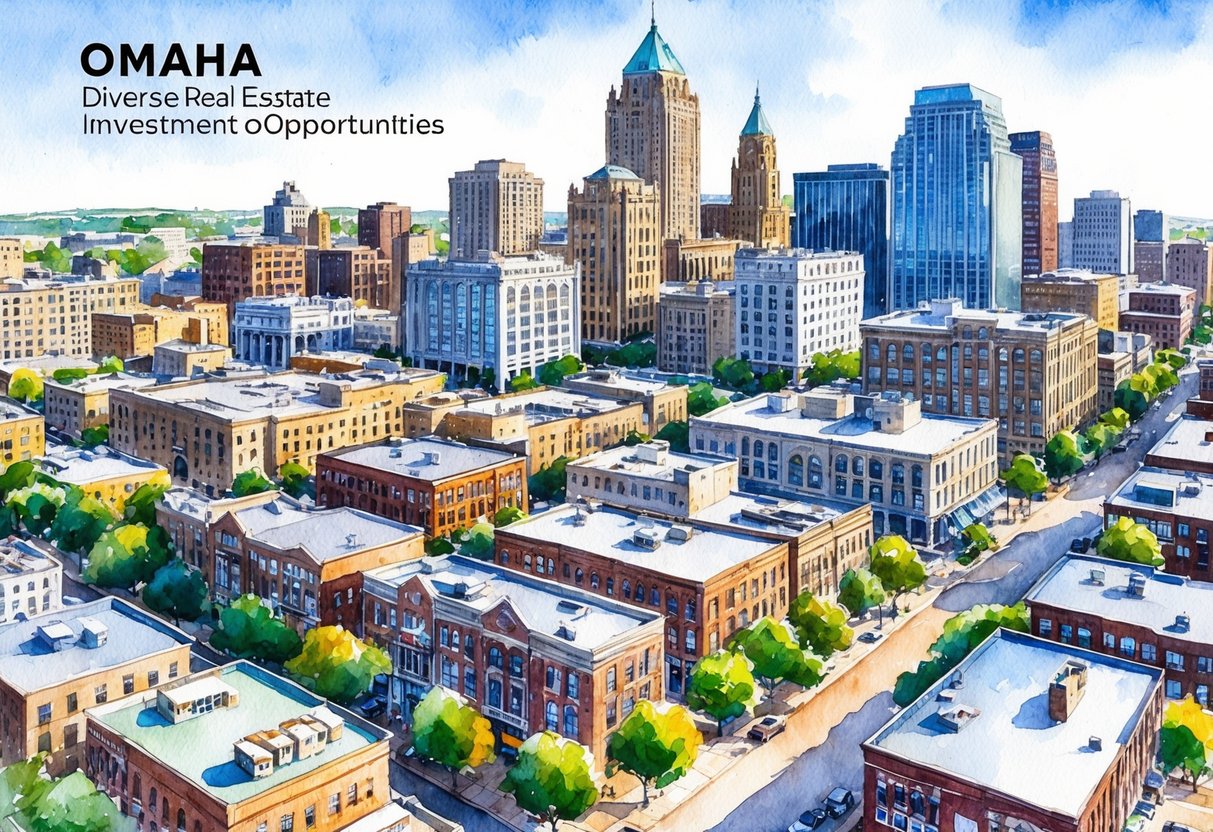 A bustling cityscape in Omaha, Nebraska, with a mix of residential and commercial properties, showcasing the diverse real estate investment opportunities available