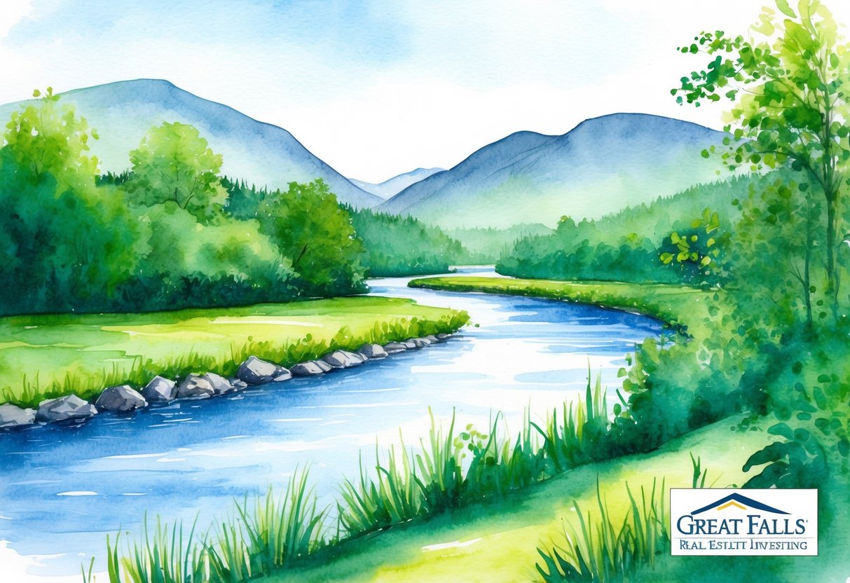 A tranquil river flowing through lush green landscapes with mountains in the distance, showcasing the appeal of Great Falls' surrounding areas for real estate investing