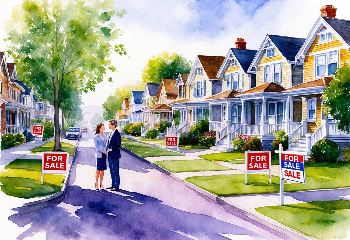 A bustling street lined with charming homes, "For Sale" signs dotting the lawns. A real estate agent shows a couple a cozy bungalow