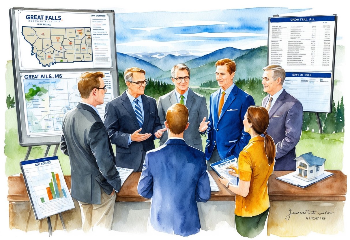 A group of experts discuss real estate in Great Falls, MT, surrounded by maps, charts, and property listings