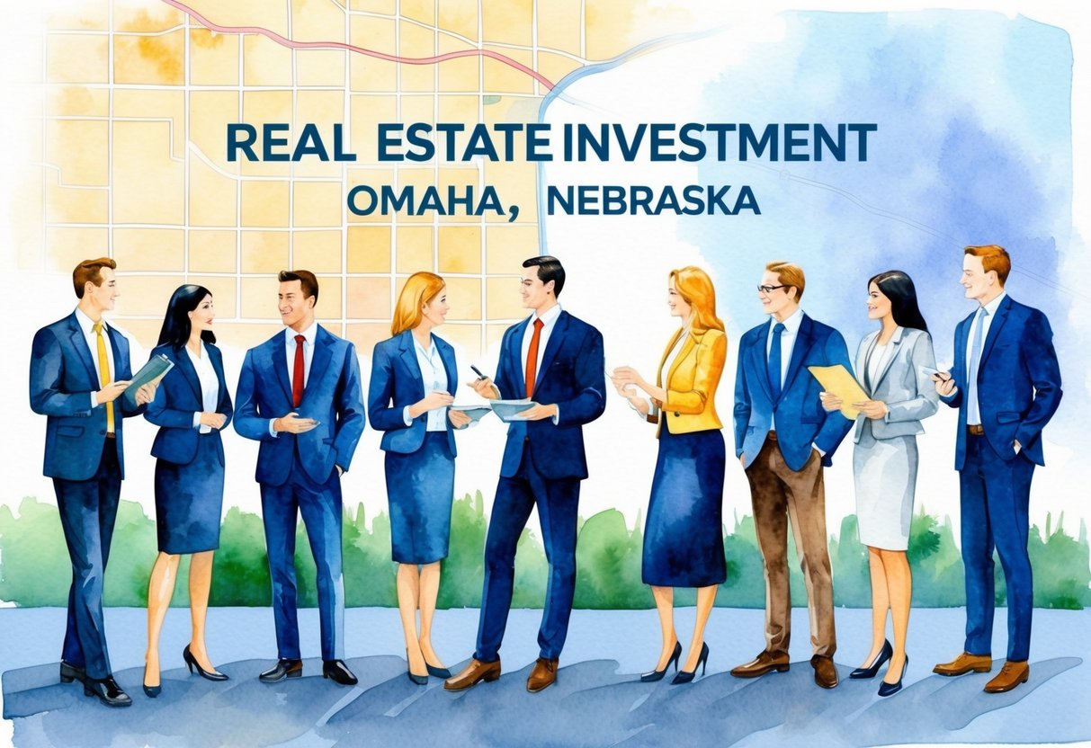 An illustration of a group of professionals networking and discussing real estate investment in Omaha, Nebraska, with a map of the area in the background