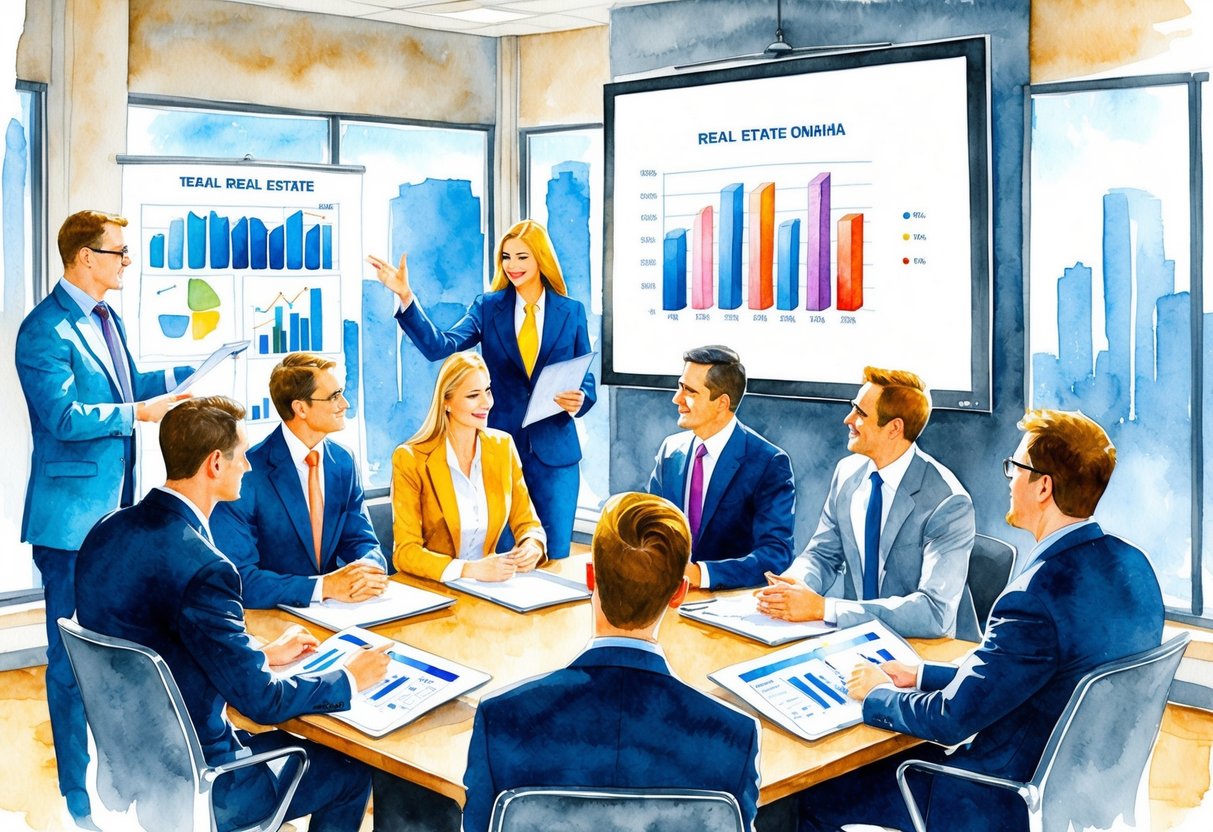 A group of investors discussing real estate in Omaha, with charts and graphs displayed on a large screen for analysis