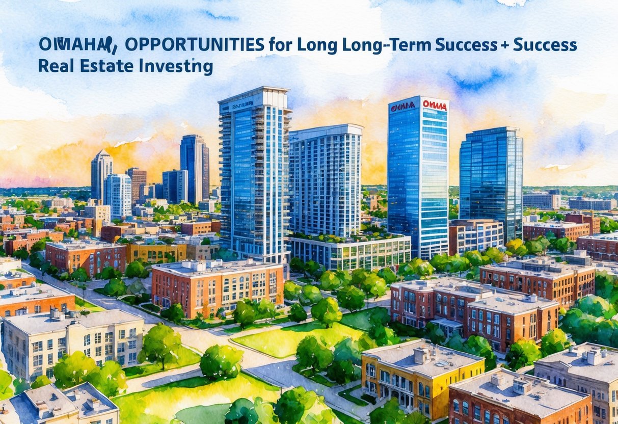 A bustling cityscape with modern high-rise buildings and residential neighborhoods in Omaha, Nebraska, showcasing the diverse opportunities for long-term success in real estate investing