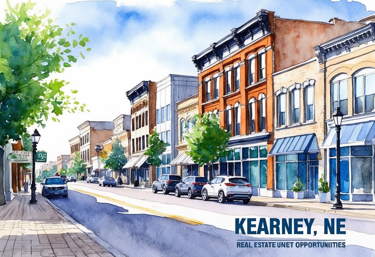 A bustling downtown street in Kearney, NE lined with historic buildings and modern developments, showcasing the diverse real estate investment opportunities in the area