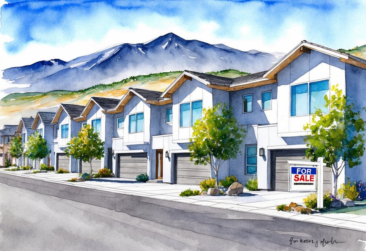 A row of modern houses in Reno, NV with "For Sale" signs, surrounded by mountains and a clear blue sky