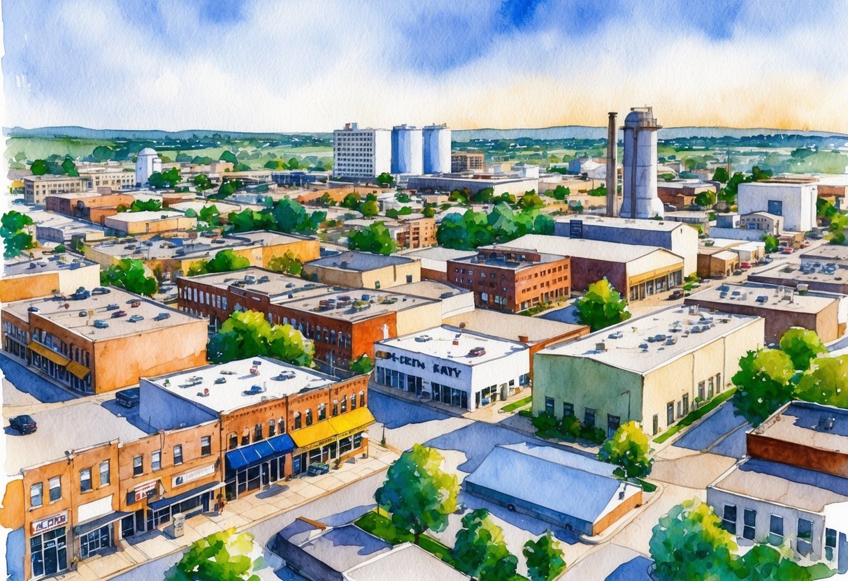 A bustling cityscape in Kearney, NE with a mix of residential, commercial, and industrial properties, showcasing the diversity of real estate investments