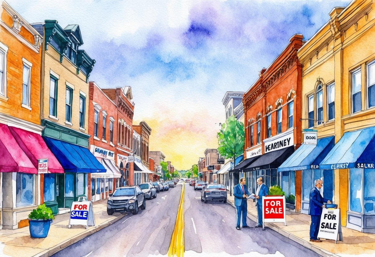 A bustling Kearney, NE street lined with diverse real estate properties, from residential homes to commercial buildings, with "For Sale" signs and investors discussing potential investment strategies