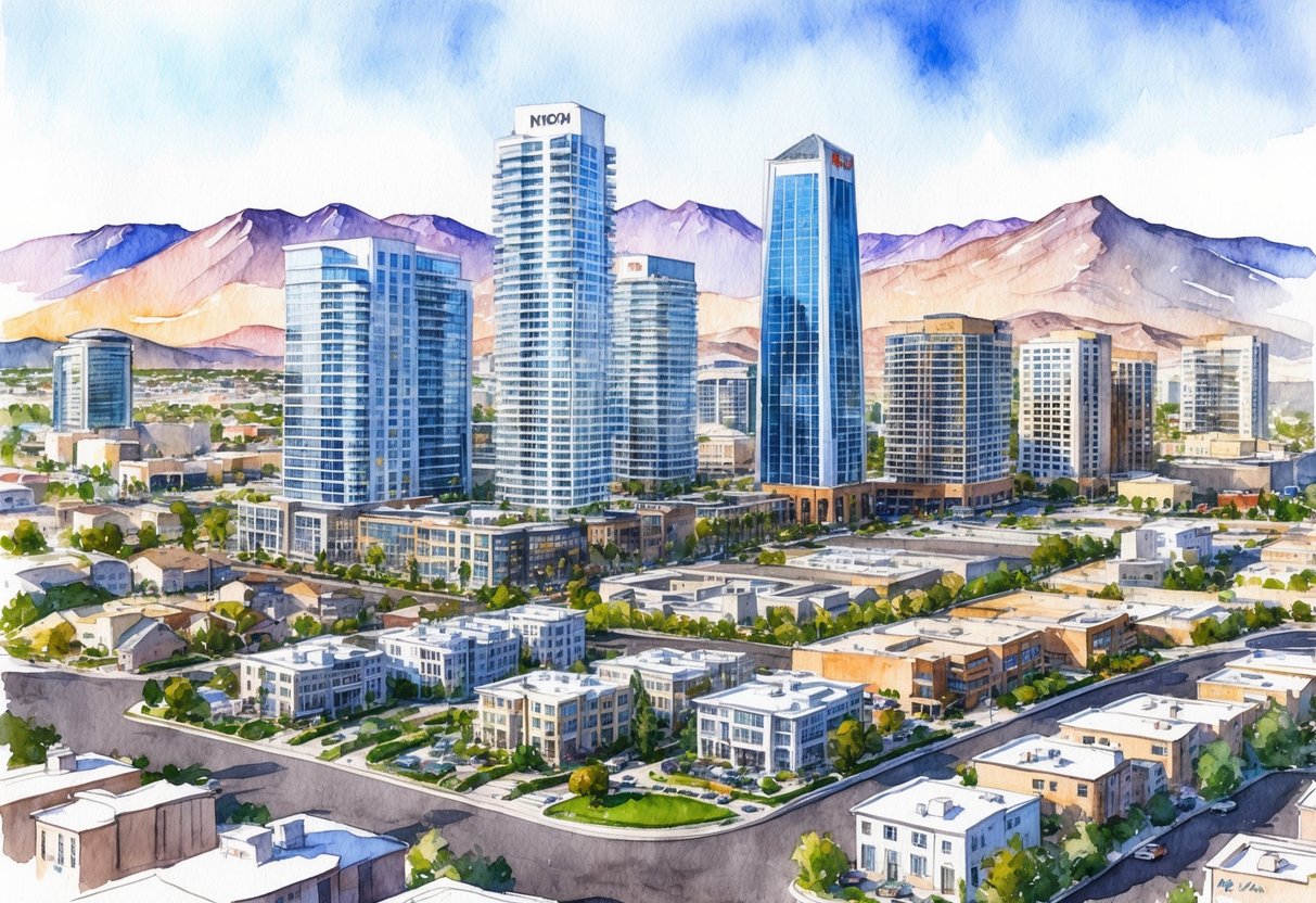 A bustling cityscape with modern high-rise buildings and suburban neighborhoods, surrounded by mountains and a vibrant real estate market in Reno, NV