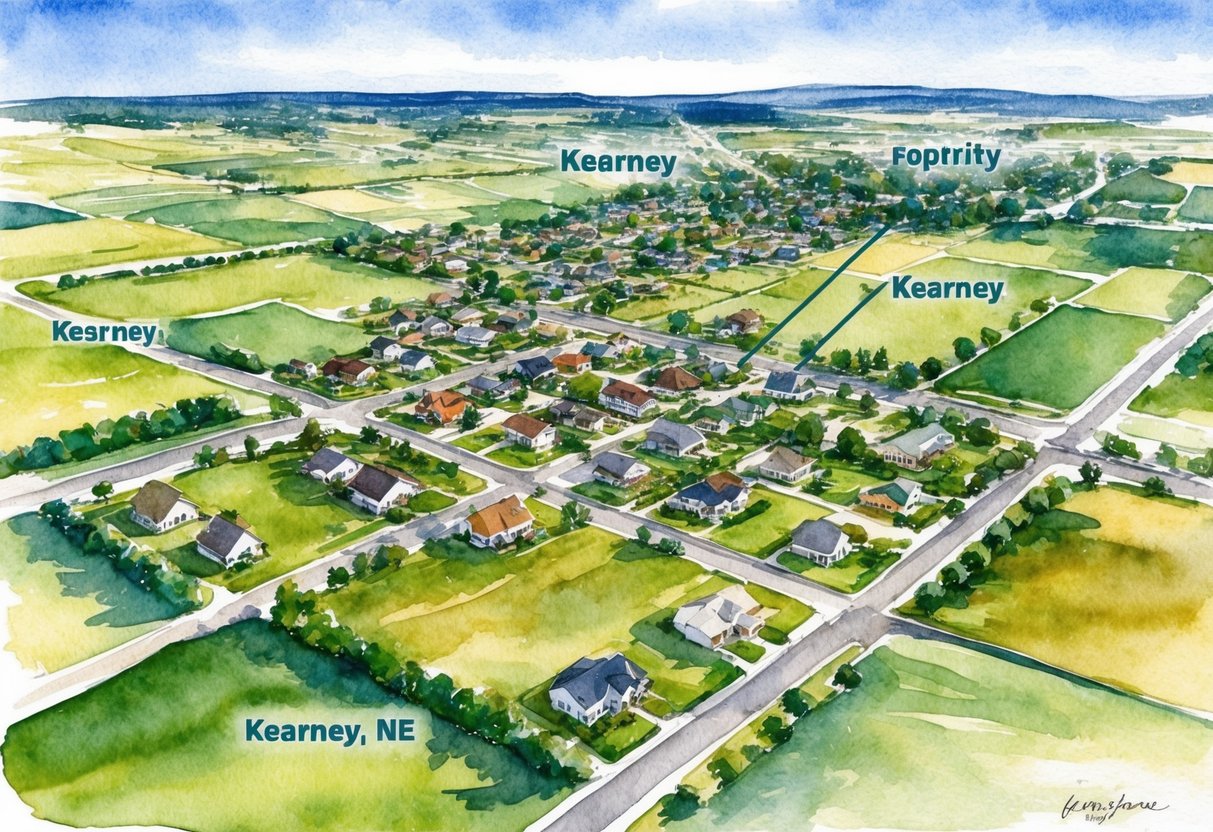 An aerial view of Kearney, NE with various properties highlighted for real estate investment analysis