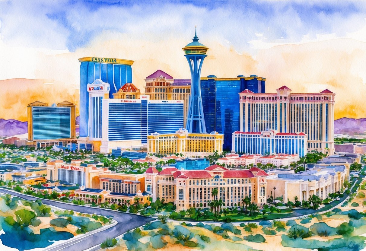 A skyline of Las Vegas, NV with a mix of iconic casino resorts and residential neighborhoods, surrounded by desert landscape