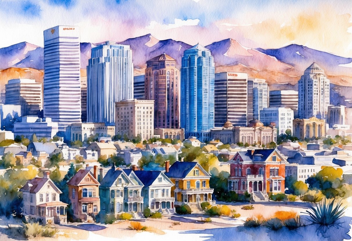 A bustling cityscape with a mix of modern high-rise buildings and historic homes, surrounded by mountains and desert landscape