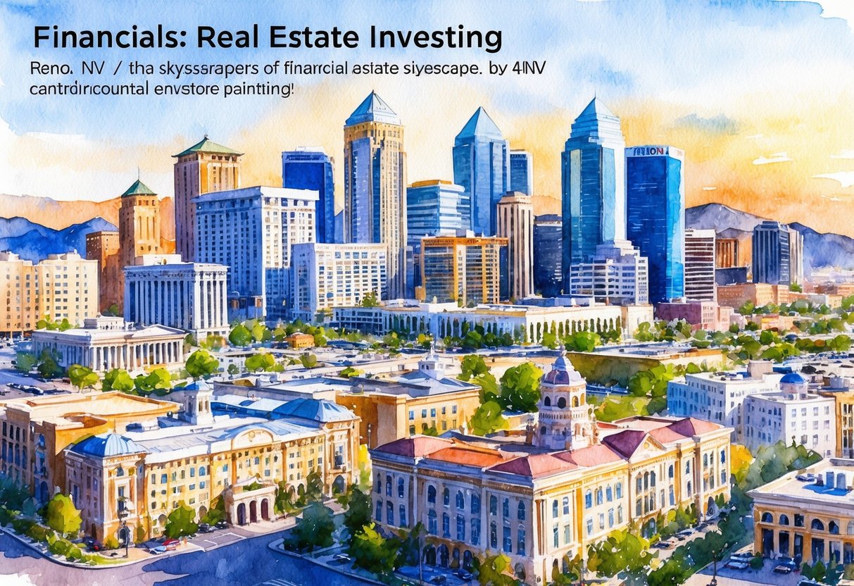A bustling cityscape in Reno, NV with skyscrapers, residential buildings, and a mix of modern and historic architecture. The scene depicts the financial aspects of real estate investing in a dynamic urban setting