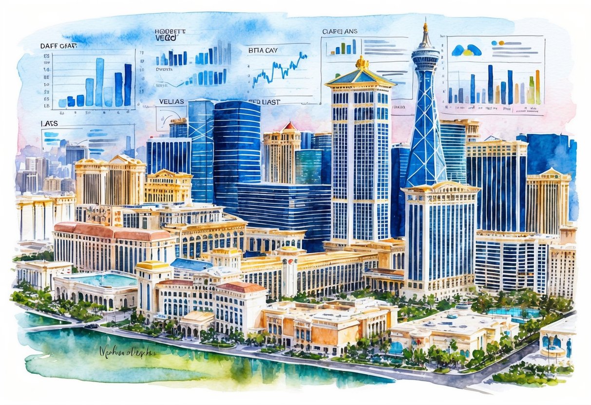 A bustling Las Vegas cityscape with data charts and graphs overlaying skyscrapers and real estate properties