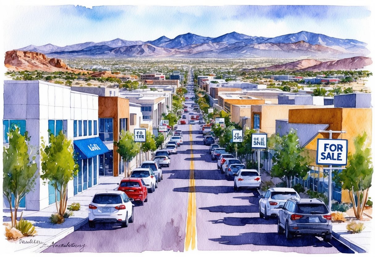 A bustling street in Henderson, NV lined with modern buildings and "For Sale" signs, surrounded by desert landscape and mountains