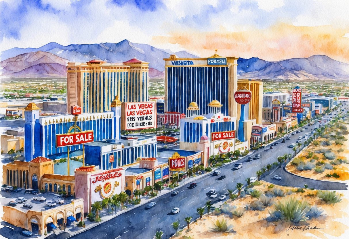 A bustling Las Vegas strip with high-rise buildings and "For Sale" signs, surrounded by desert landscape and mountains in the distance
