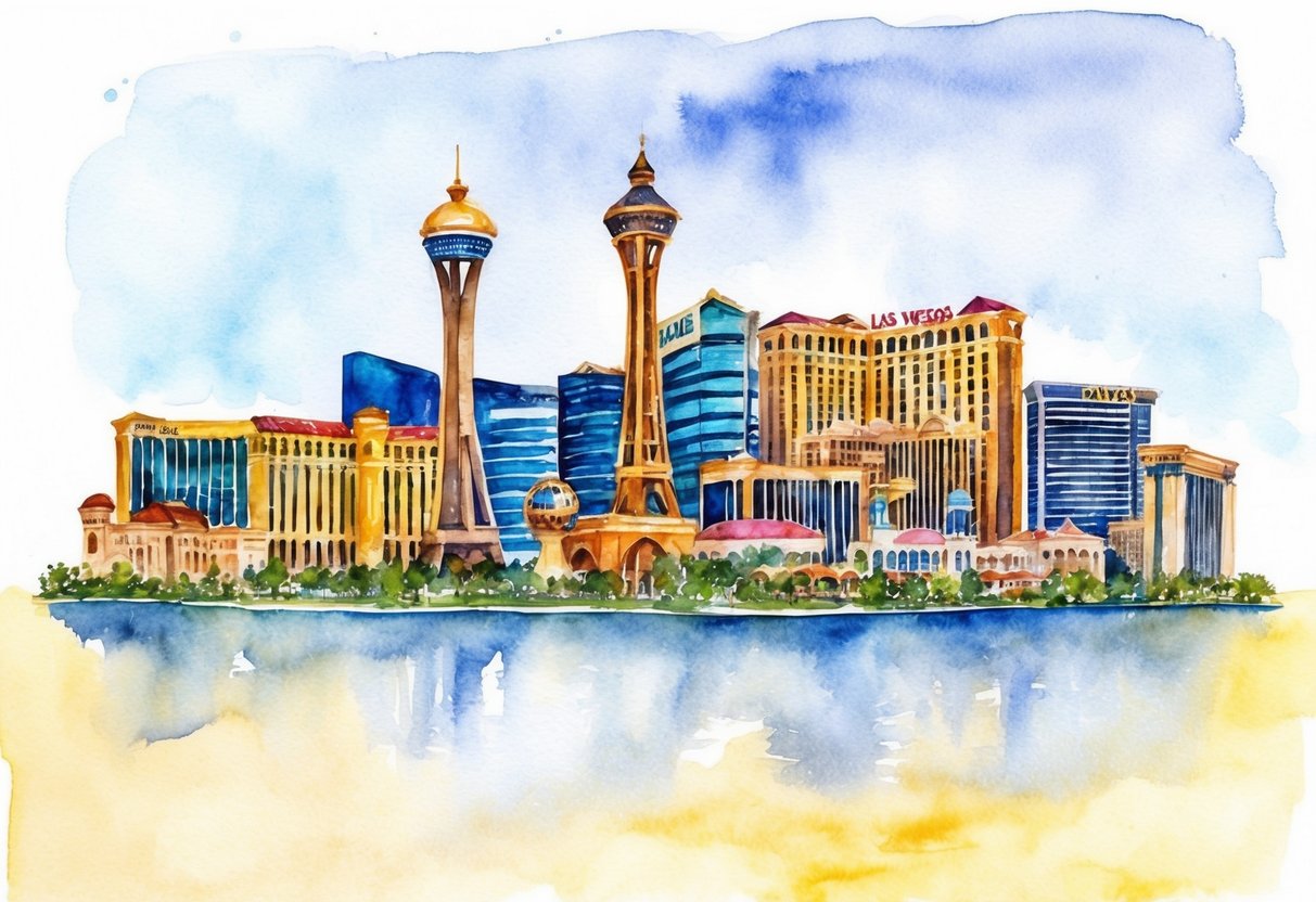A skyline of Las Vegas with iconic landmarks and real estate properties